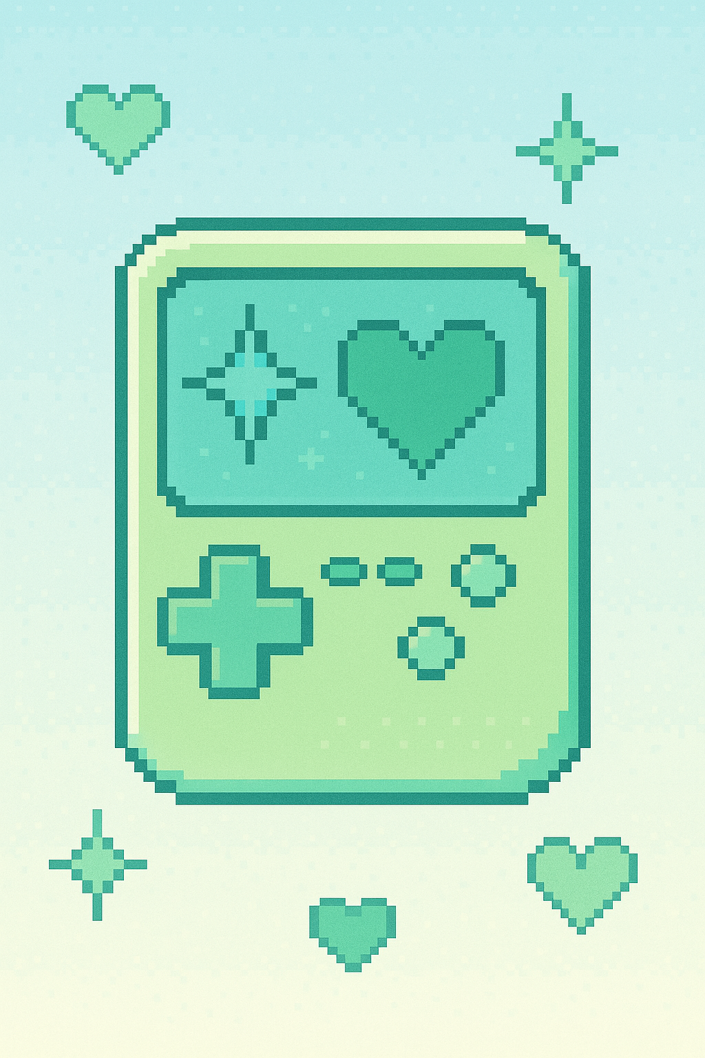 Pixel art handheld console with stars and hearts